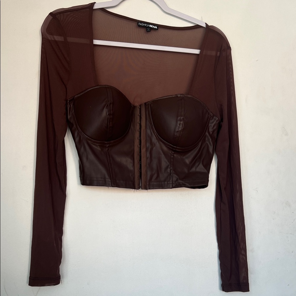 Fashion Nova Chocolate Long Sleeve Mesh Top